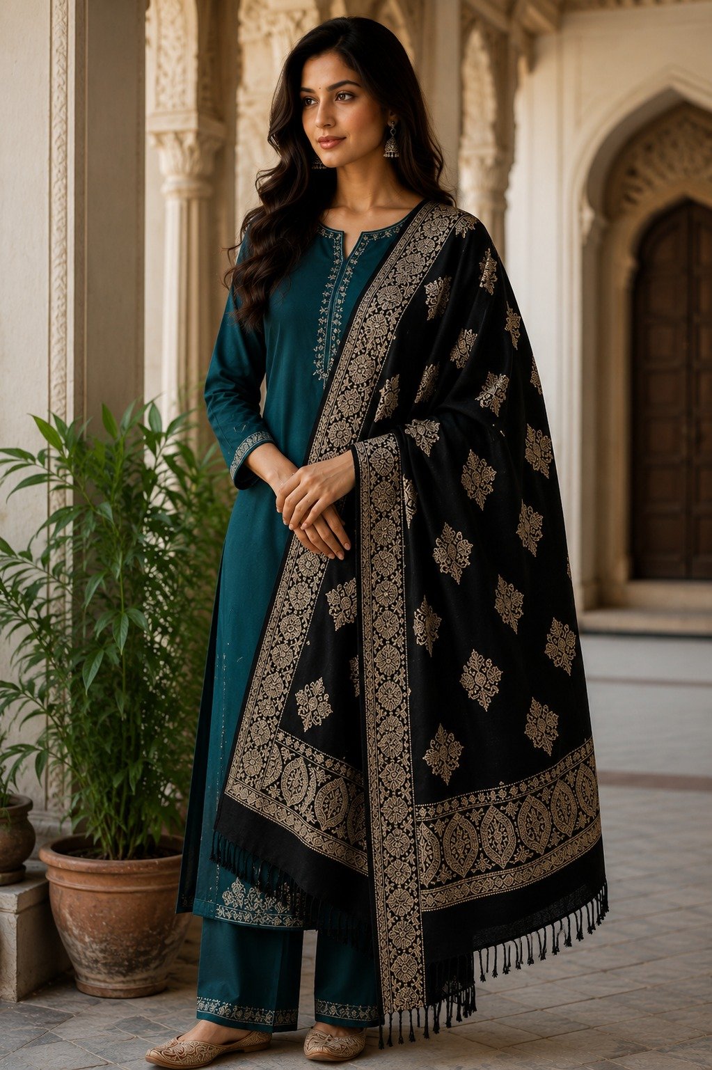 Viscose Shawl, Viscose Shawl Black Gold Self Design design